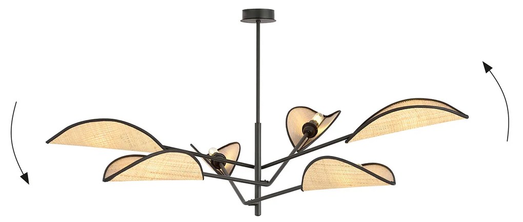 Lampadario 6 Luci Eridano In Acciao Nero E Rattan Con Bracci Mobili