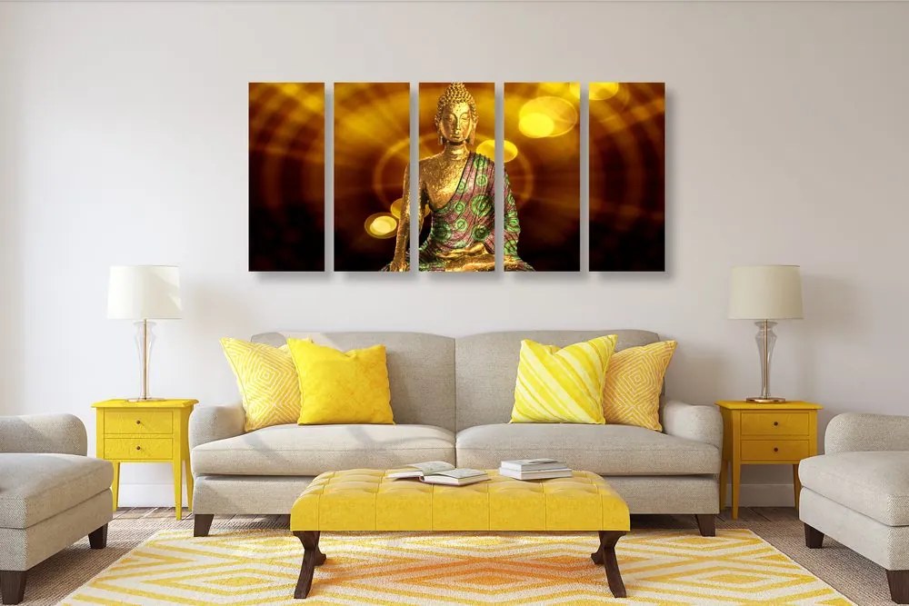 Quadri 5 pezzi – Statua di Buddha su sfondo astratto