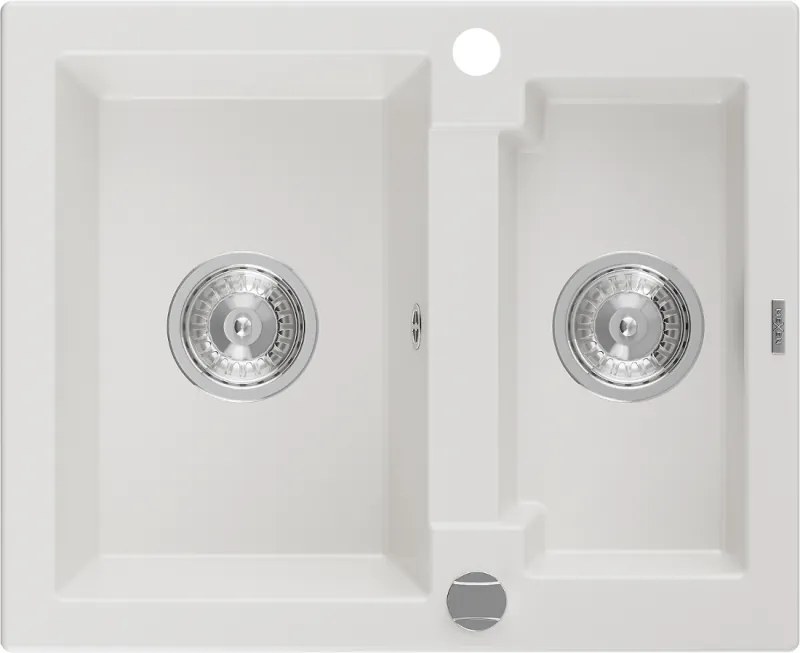 Mexen Carlos lavello in granito 1,5 vasche 582 x 475 mm, bianco, sifone cromato - 6518581500-20