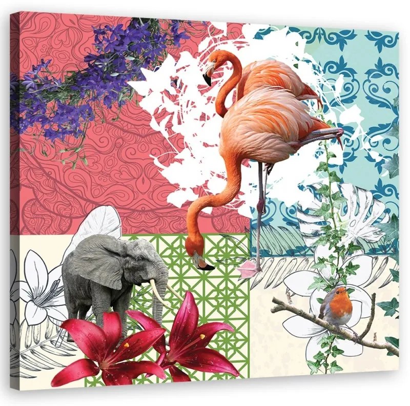 Quadro su tela, Flamingo Elephant Bird Collage  Dimensioni 30x30