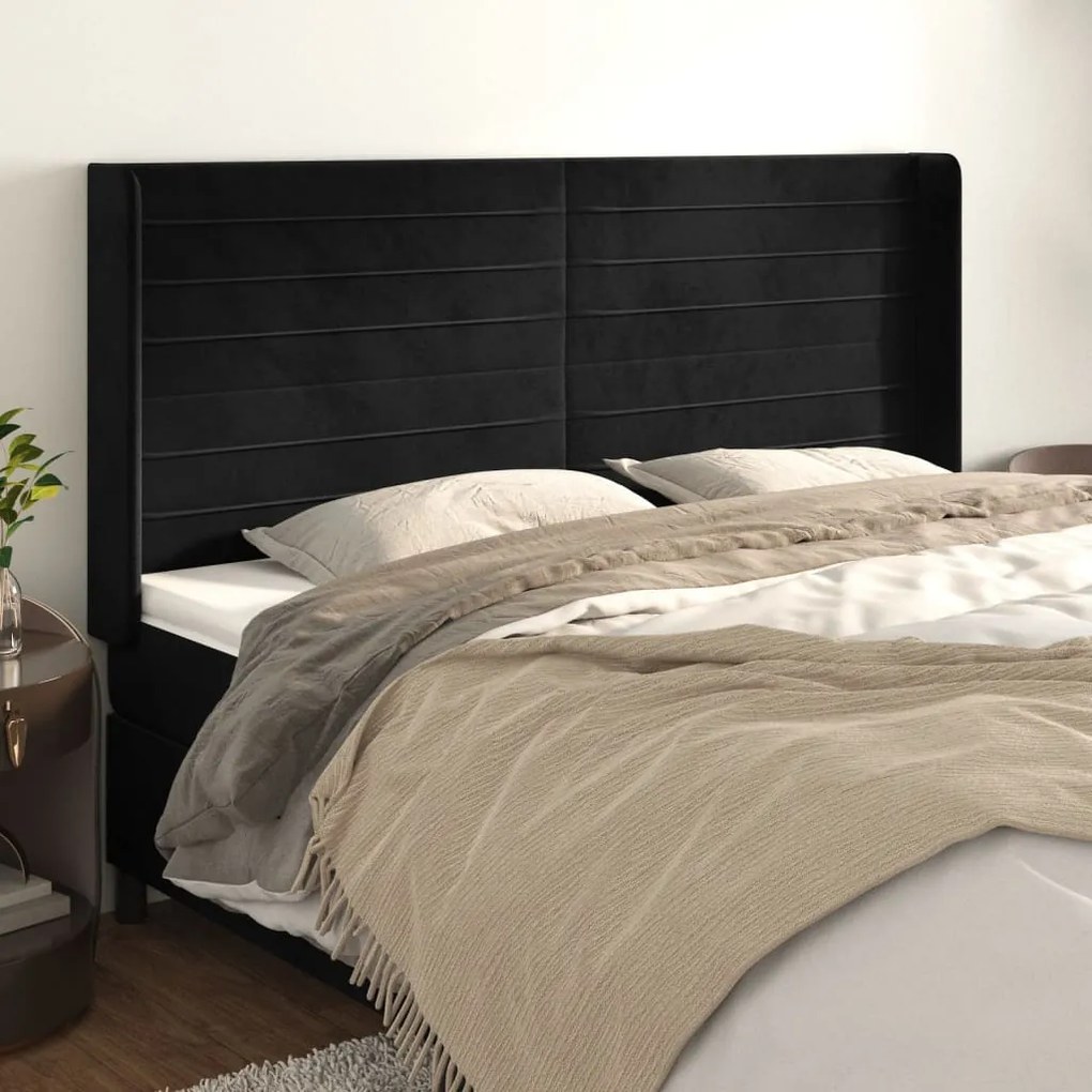 Testiera Ad Orecchio Nera 203x16x118/128 Cm İn Velluto /