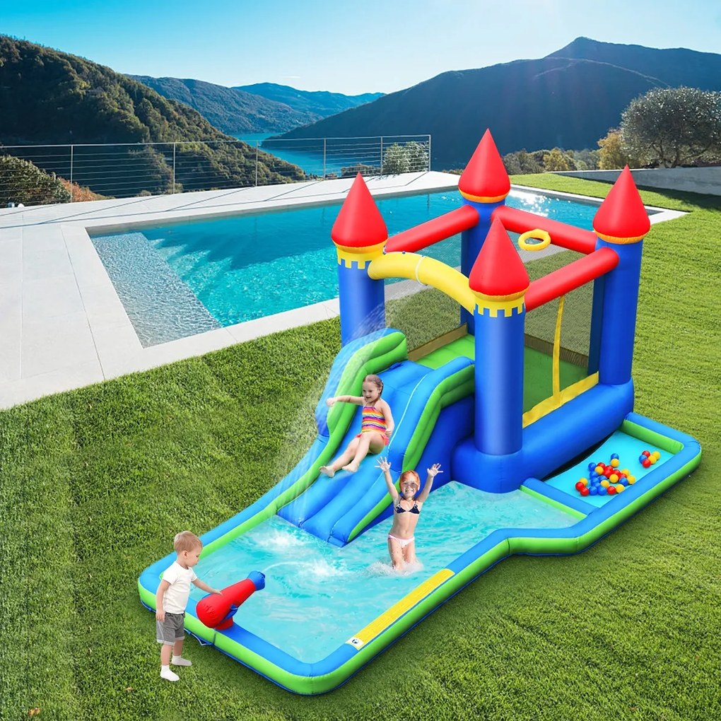 Costway Parco acquatico gonfiabile con compressore per l’uso bagnato e asciutto, Scivolo acquatico gonfiabile con piscina