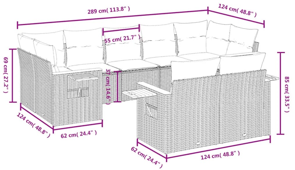 Set divani da giardino 9 pz con cuscini nero in polyrattan