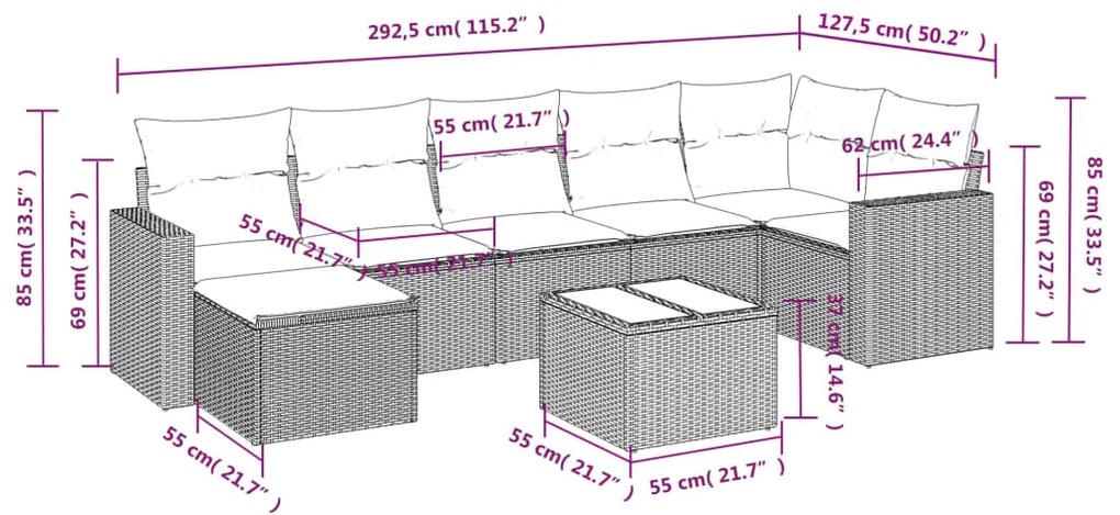 Set Divano da Giardino 8 pz con Cuscini Beige in Polyrattan