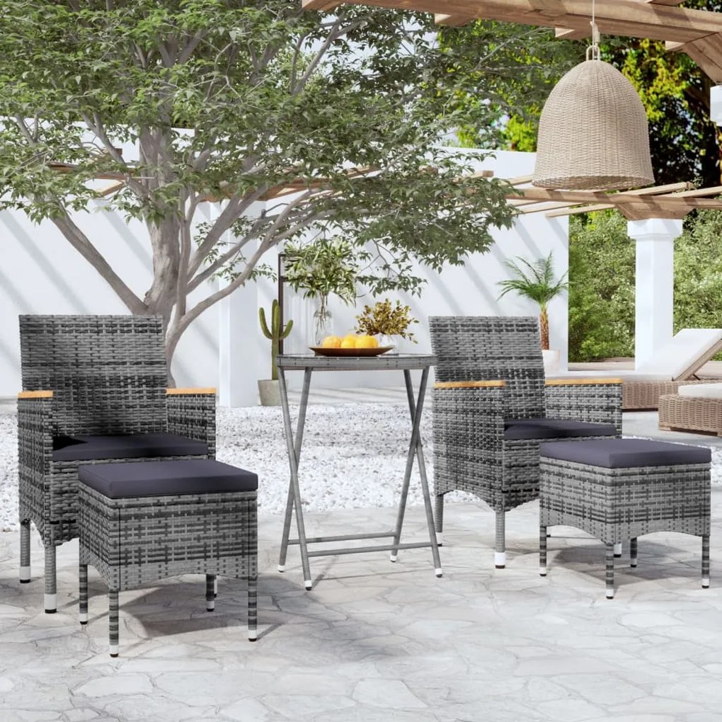 Set bistrot da giardino 5pz polyrattan e vetro temperato grigio