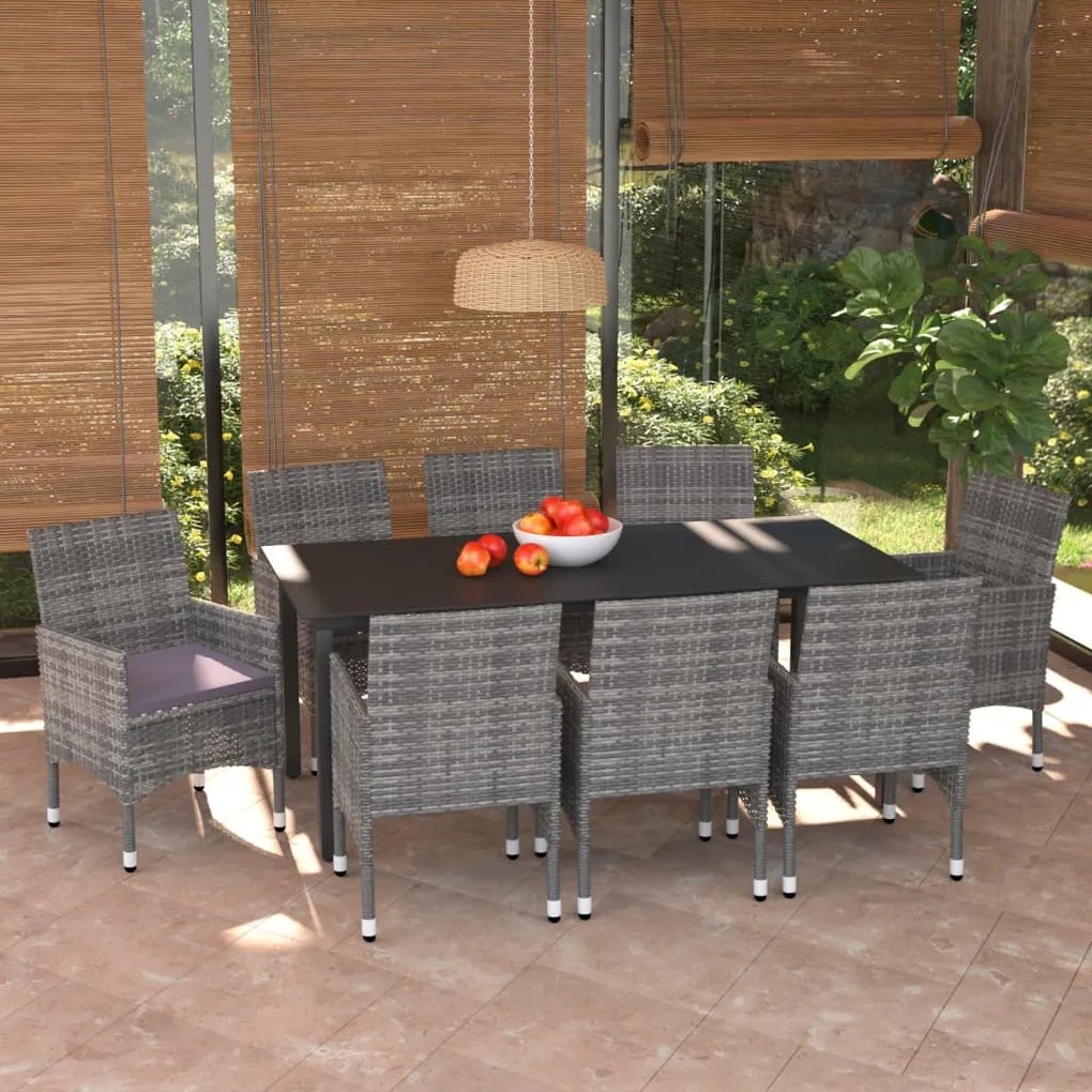 Set pranzo da giardino 9 pz con cuscini in polyrattan grigio