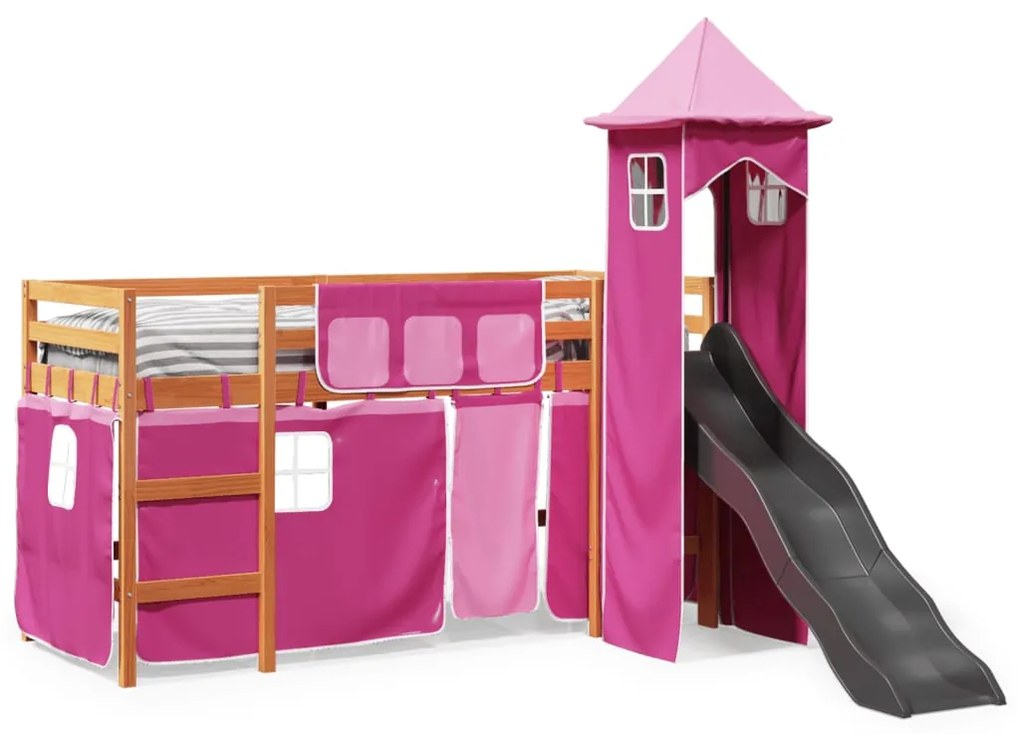 Letto a soppalco con torre bambini rosa 80x200cm massello pino