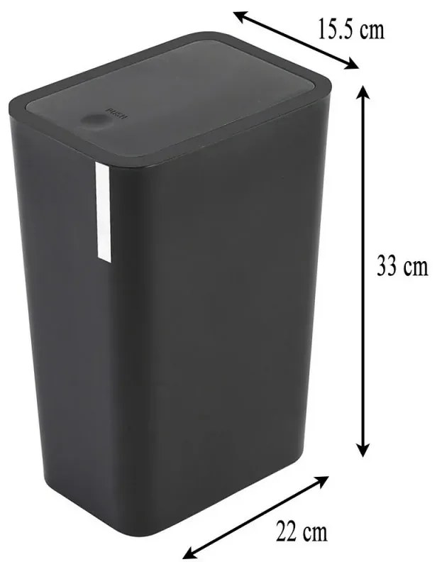Cestino bagno da 8 litri in plastica nera con coperchio Push