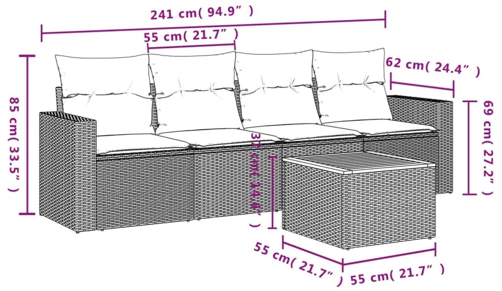 Set divano da giardino 5 pz con cuscini grigio in polyrattan