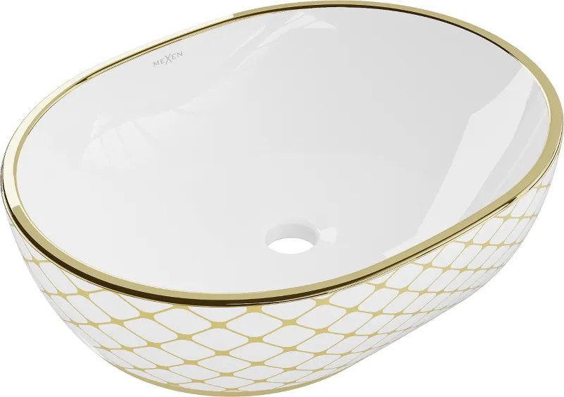 Mexen Viki lavabo da appoggio 48 x 35 cm, bianco/oro motivo a griglia - 21054809