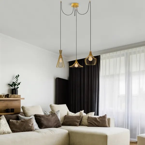 Lampadario a sospensione con filo MEZOPOTAMYA 3xE27/40W/230V ragno oro