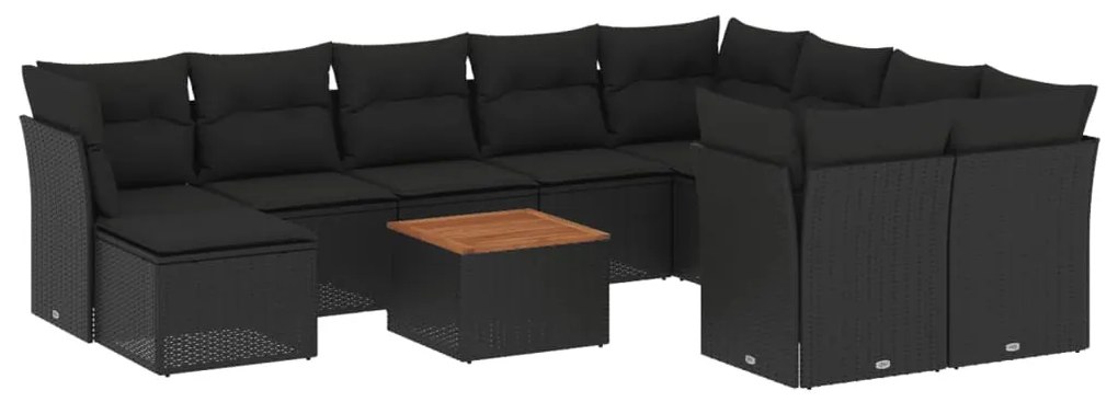 Set divani da giardino 11 pz con cuscini in polyrattan nero