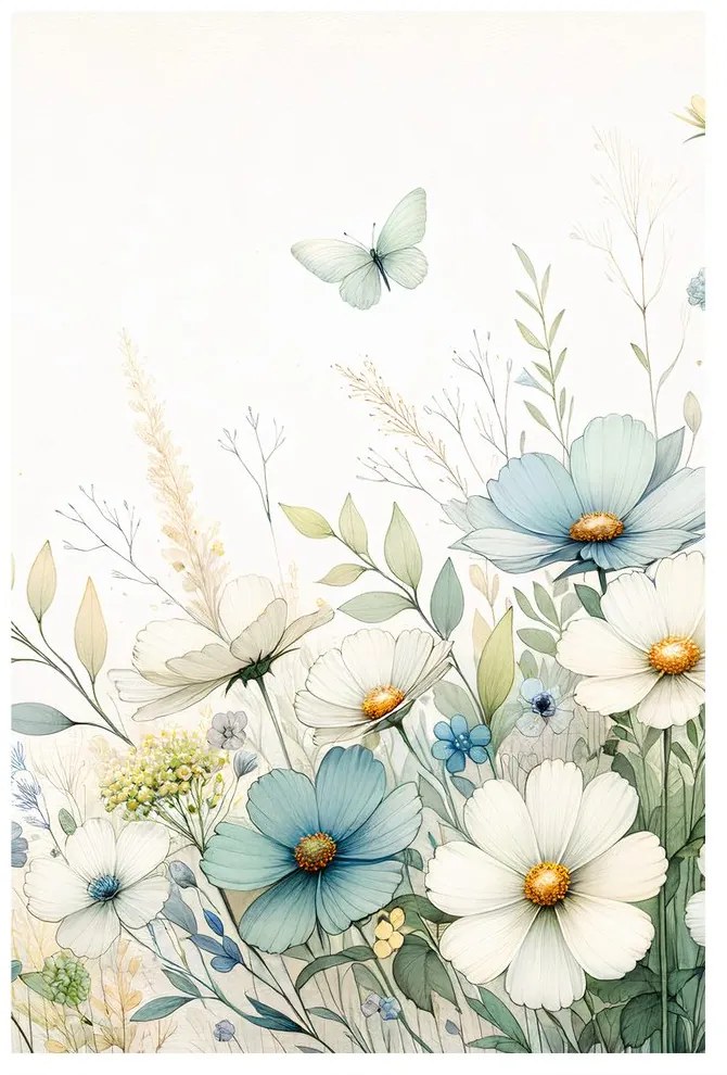 Quadro su tela – Fiori di prato con farfalle