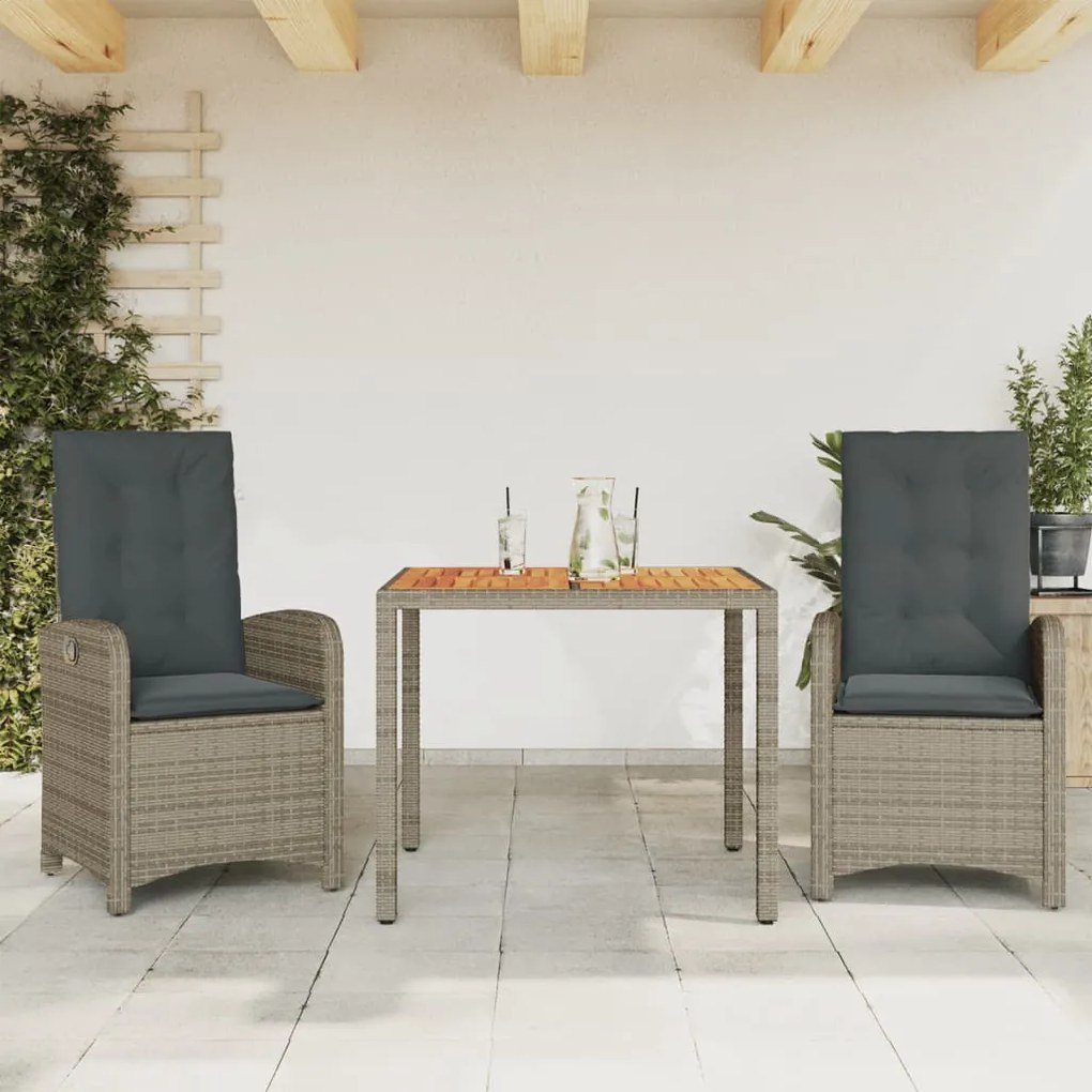 Set Da Pranzo Da Giardino 3 Pz Con Cuscini İn Polyrattan Grigio /