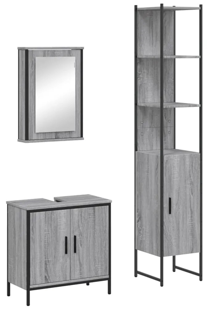 Set mobili da bagno 3 pz grigio sonoma in legno multistrato