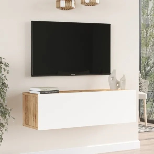 Mobile TV Sospeso 100x32x30 Bianco E Rovere Effetto Legno Con Vano Frame