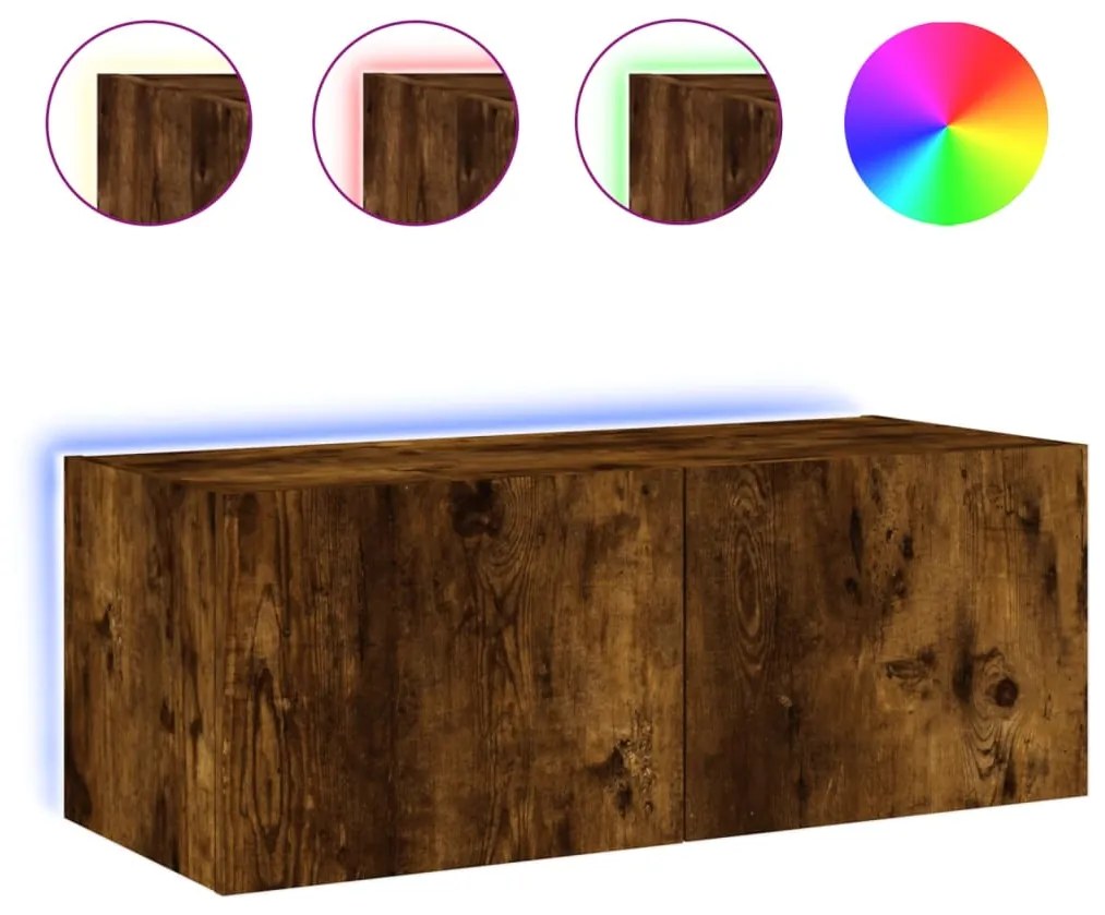 Mobile tv a parete con luci led rovere fumo 80x35x31 cm