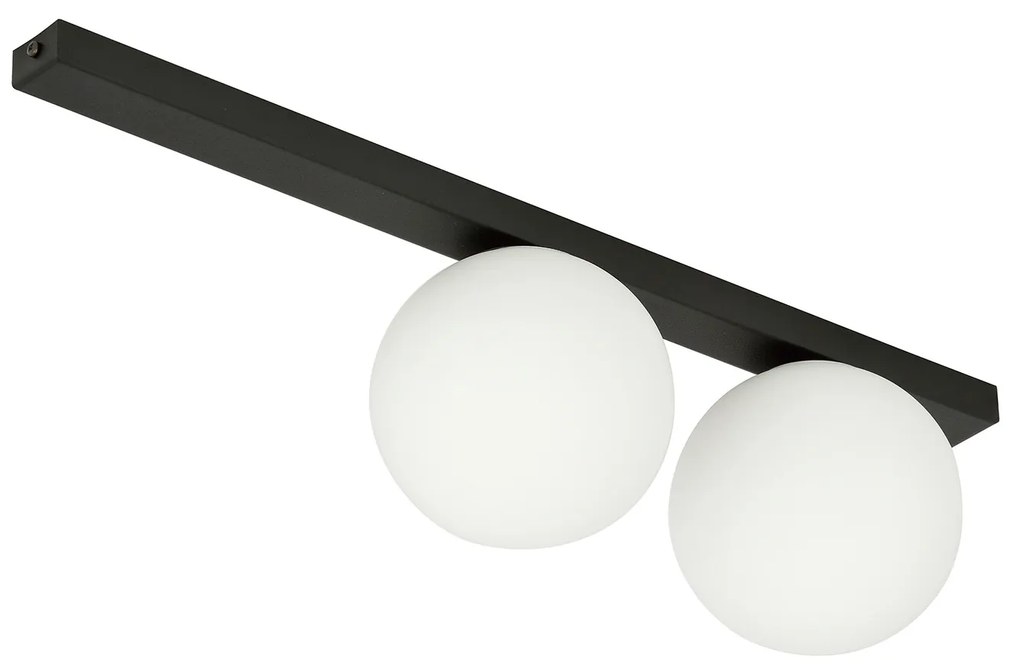 Plafoniera Moderna 2 Luci Giapeto Barra In Acciaio Nero E Sfere Di Vetro Opale