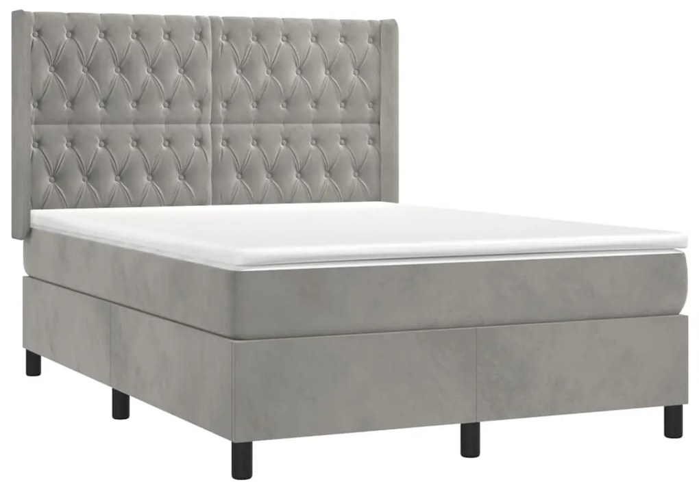 Letto a molle materasso e led grigio chiaro 140x200 cm velluto