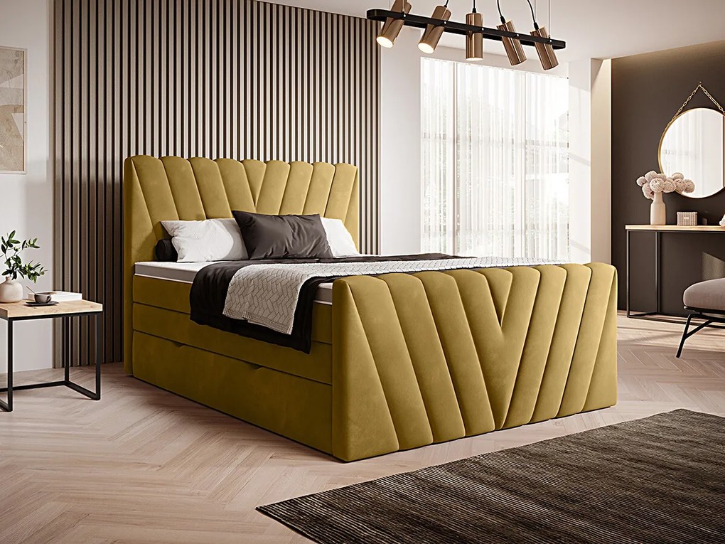 Letto matrimoniale boxspring Dusseldorf - 160 x 200 cm , Tessuto giallo