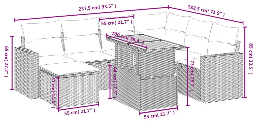 Set divani da giardino con cuscini 8 pz nero in polyrattan