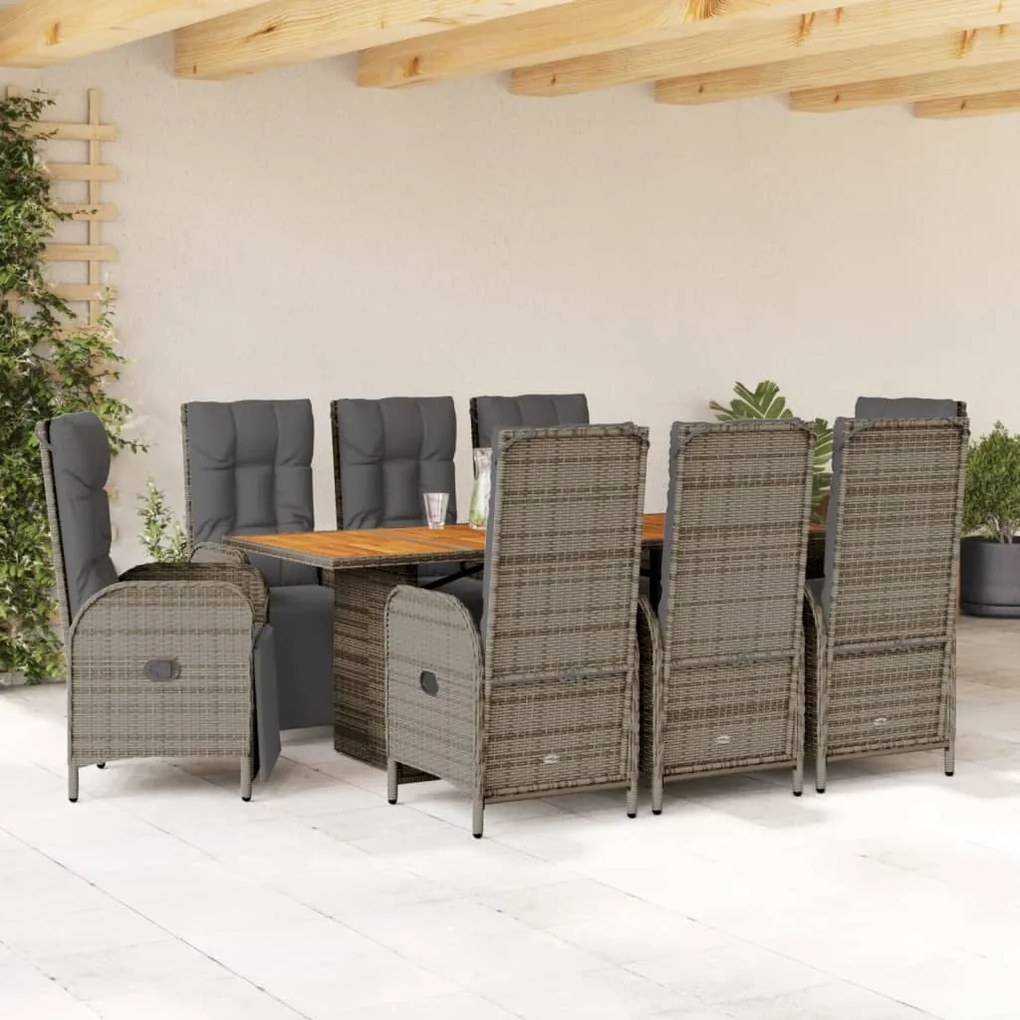 Set da pranzo da giardino 9 pz con cuscini in polyrattan grigio