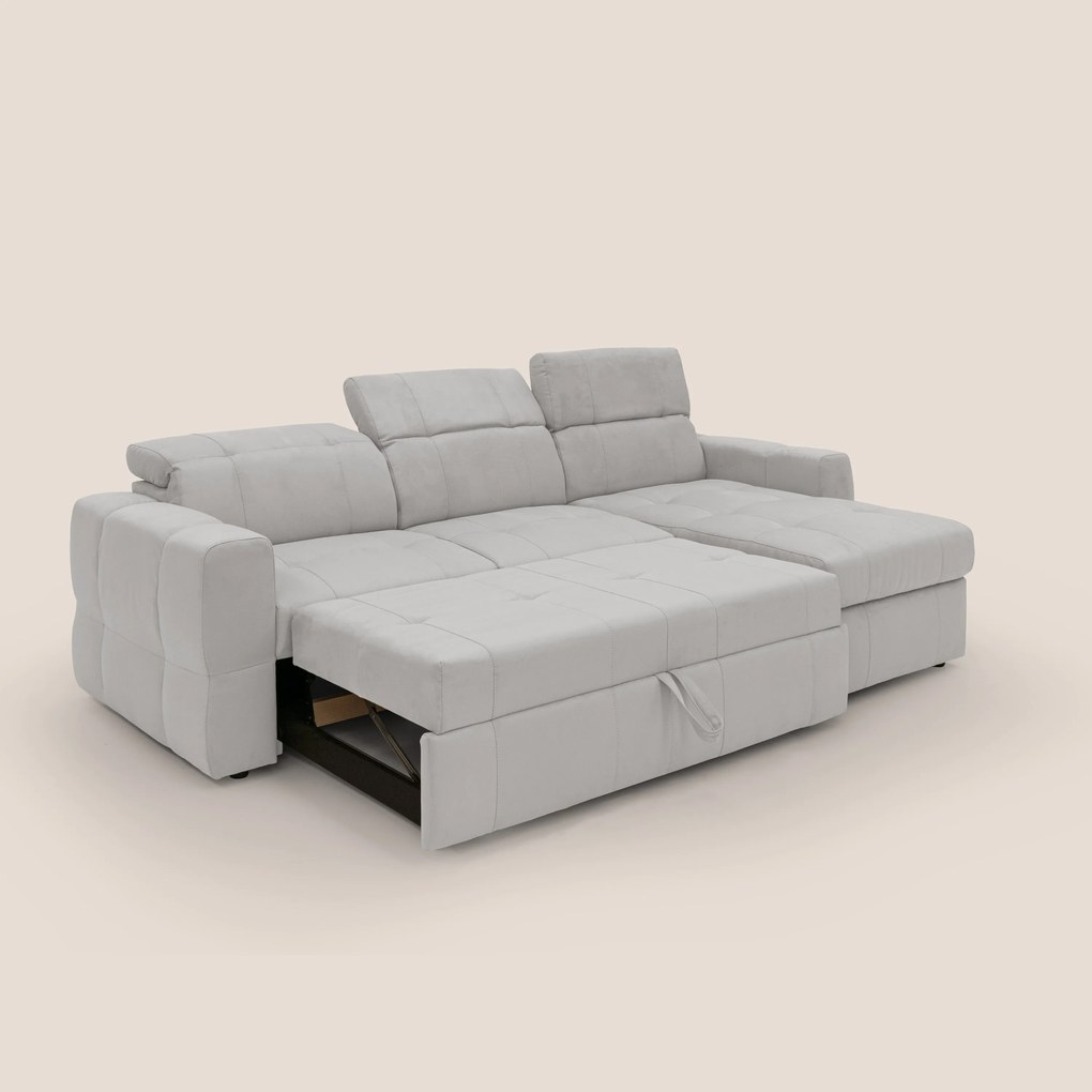 Kronos Divano angolare con pouf estraibile e penisola contenitore in microfibra impermeabile T11 grigio chiaro