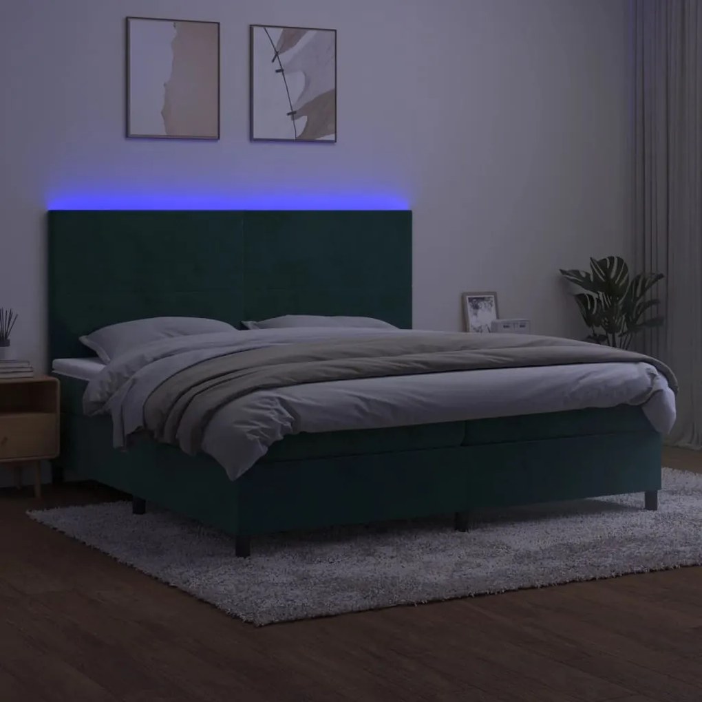 Letto a molle con materasso e led verde scuro 200x200cm velluto