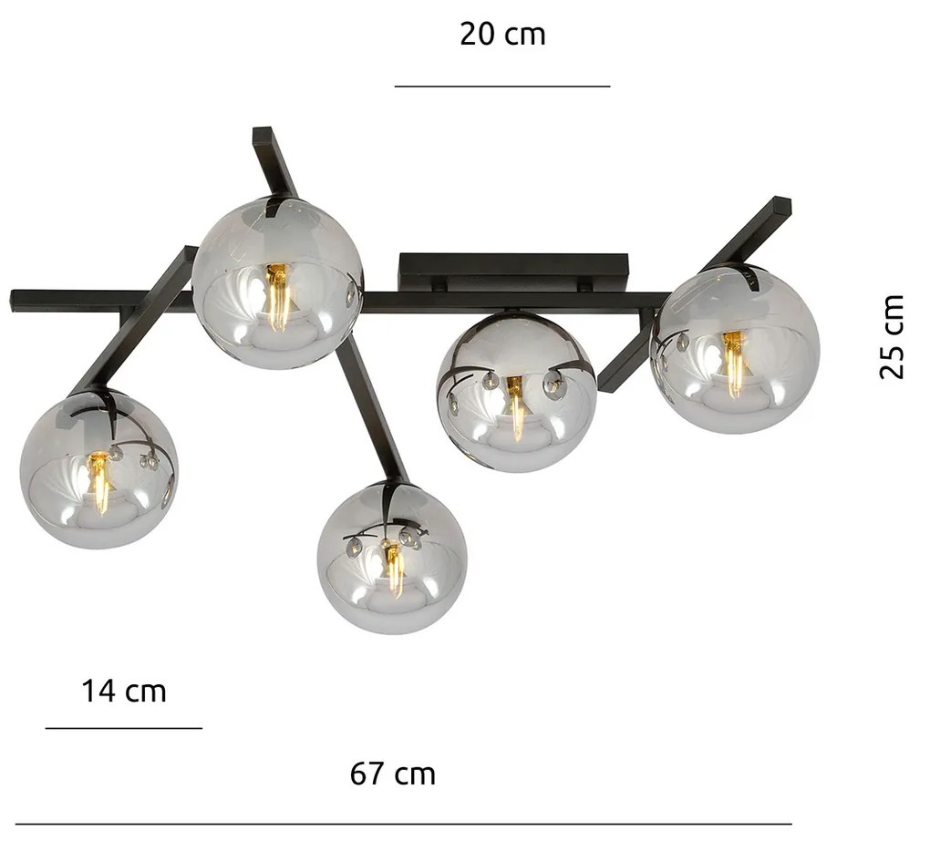 Plafoniera Moderna 5 Luci Teti In Acciaio Nero Bracci Regolabili E Vetro Fumè