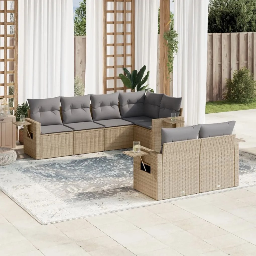 Set Divani da Giardino 7 pz con Cuscini Beige in Polyrattan