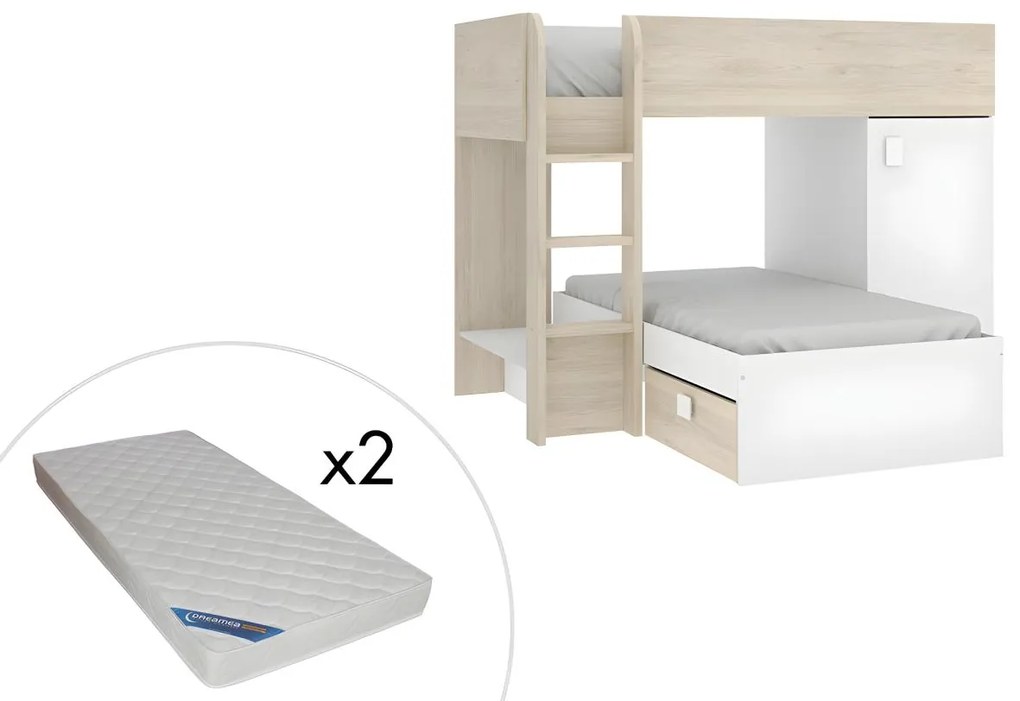 Letto a castello ad angolo reversibile - Vani portaoggetti integrati 2 x 90 x 190 cm Rovere e Bianco + materasso - RICARDO