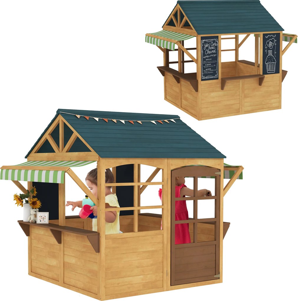 Casetta per Bambini 3-8 Anni 173x117x144 cm con 5 Finestre e 2 Lavagne in Legno di Abete Marrone e Blu...