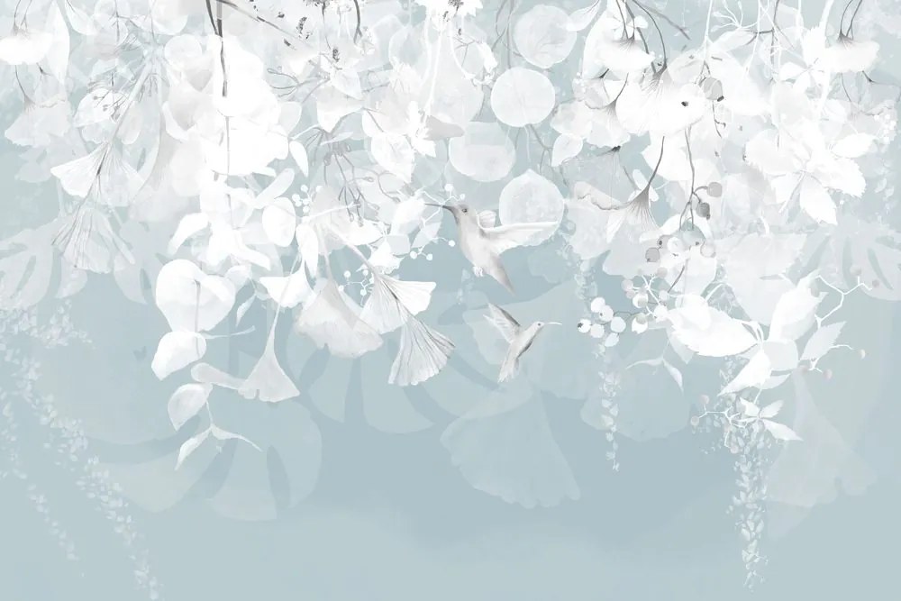 Carta da parati – Foglie con Colibrì in Blu-Grigio