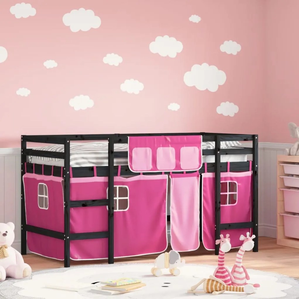 Letto a soppalco con tende bambini rosa 90x190 cm massello pino