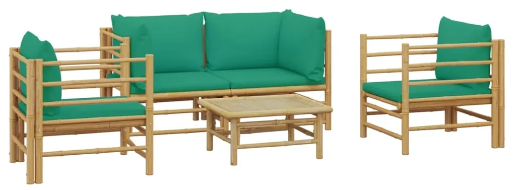 Set salotto da giardino 5pz con cuscini verdi bambù