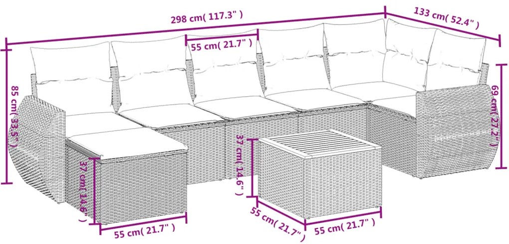 Set Divano da Giardino 8 pz con Cuscini Beige in Polyrattan