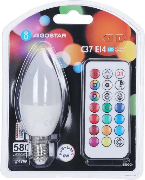 Aigostar - Lampadina LED RGBW dimmerabile C37 E14/6W/230V 3000K + telecomando