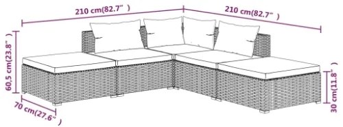 Set Divani da Giardino 5 pz con Cuscini in Polyrattan Grigio