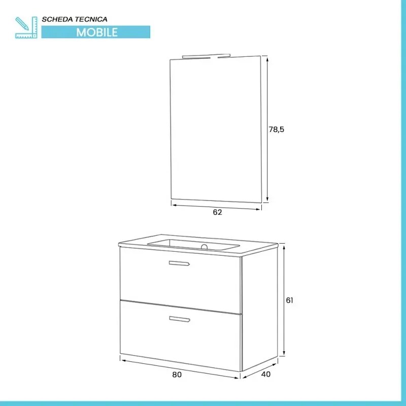 Mobiletto bagno sospeso 80 bianco con top e specchio LED Martha