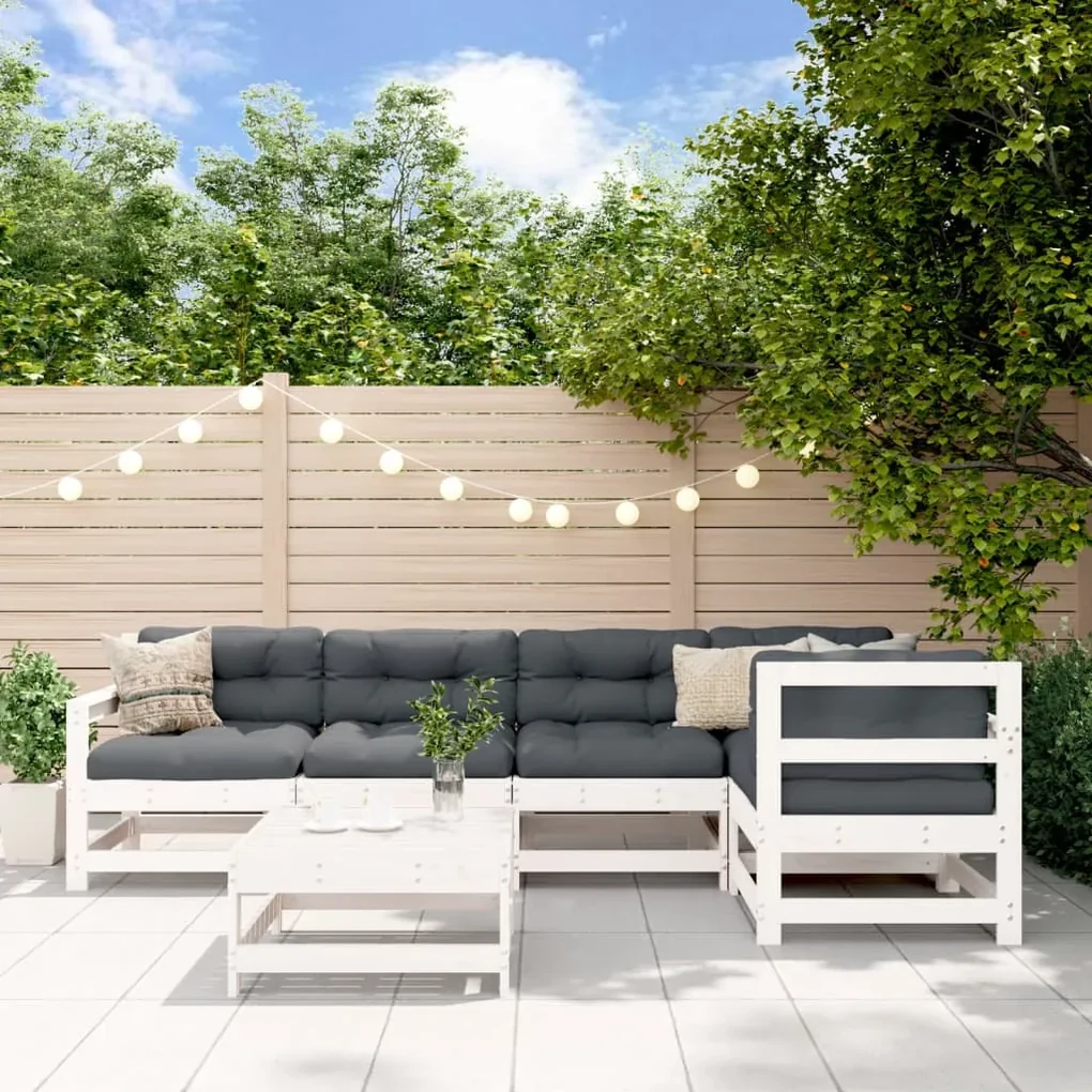 Set divani da giardino 6pz con cuscini in legno massello bianco
