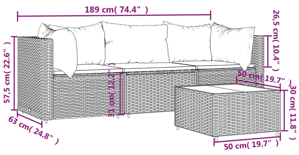 Set Divani da Giardino 4 pz con Cuscini in Polyrattan Grigio