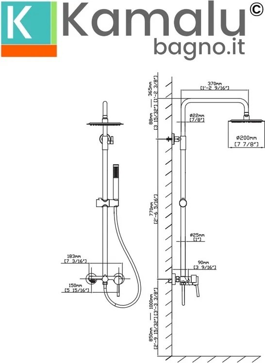 Kamalu - Colonna doccia fissa in acciaio inox con soffione, doccetta con flessibile e getto vasca finitura cromo| KAM-ARTE CROMO