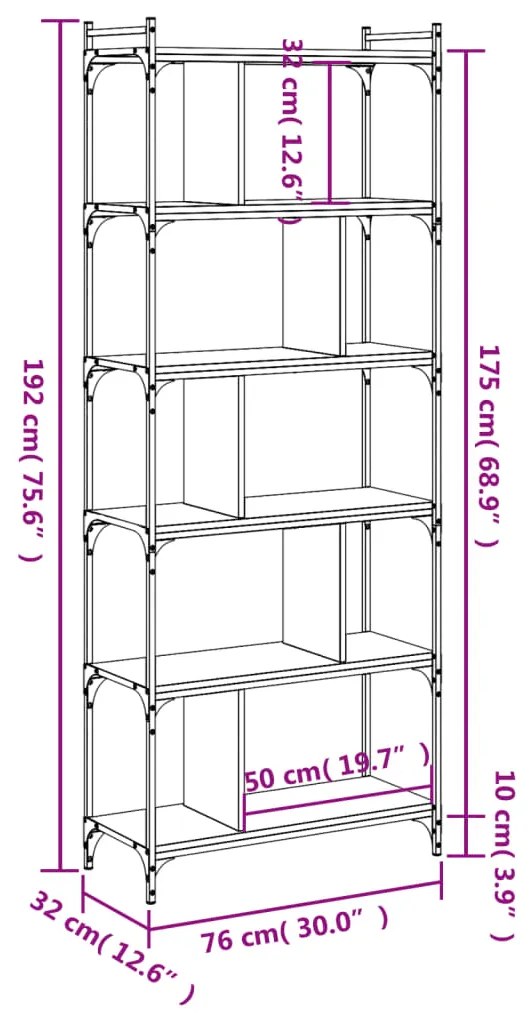 Libreria Nera 6 Ripiani 76x32x192 cm Legno Multistrato