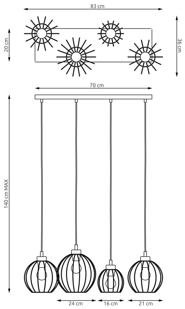 Sospensione Minimal Industrial Nando 4 Luci Lineari Nera E Oro