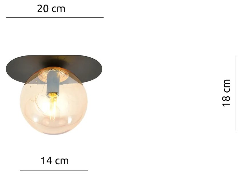 Plafoniera Minimal 1 Luce Teia In Acciaio Nero E Sfera Vetro Ambra