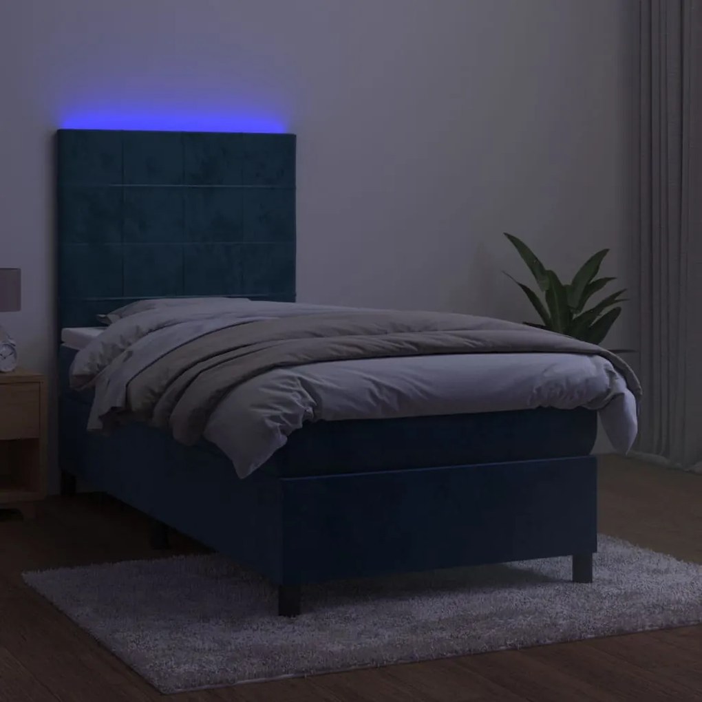 Letto a molle con materasso e led blu scuro 90x190cm in velluto