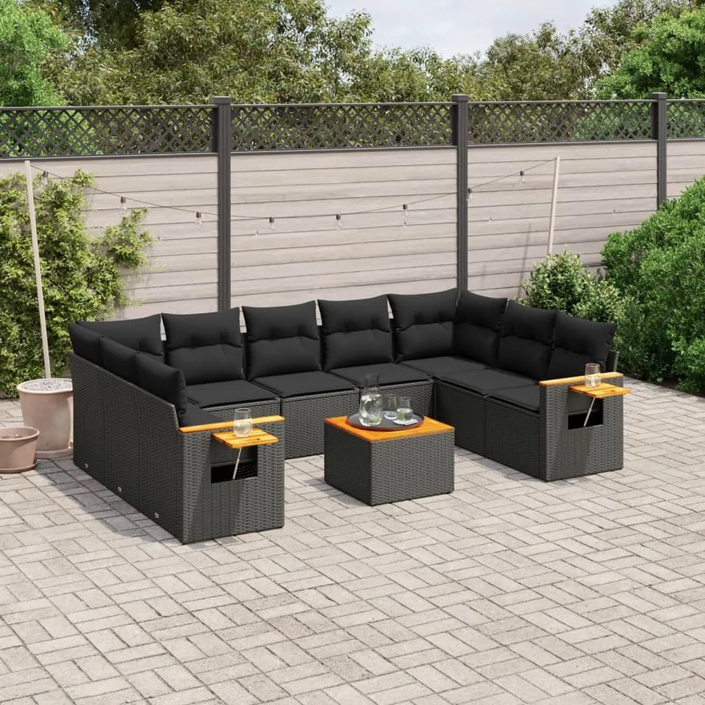 Set Divani da Giardino 10pz con Cuscini in Polyrattan Nero