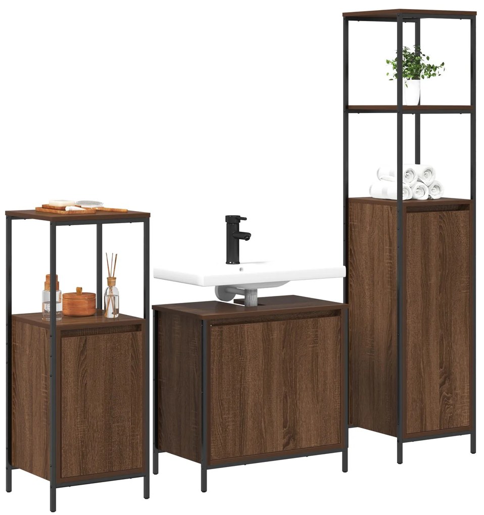 Set di mobili da bagno 3 pezzi in legno ingegnerizzato rovere marrone