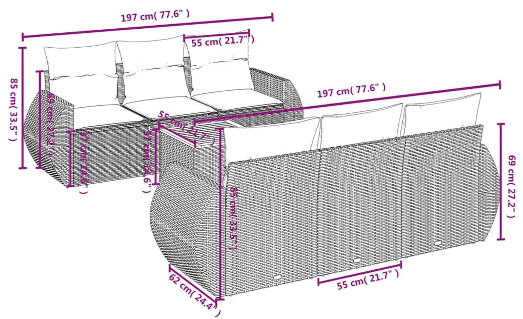 Set divani da giardino con cuscini 7pz nero polyrattan