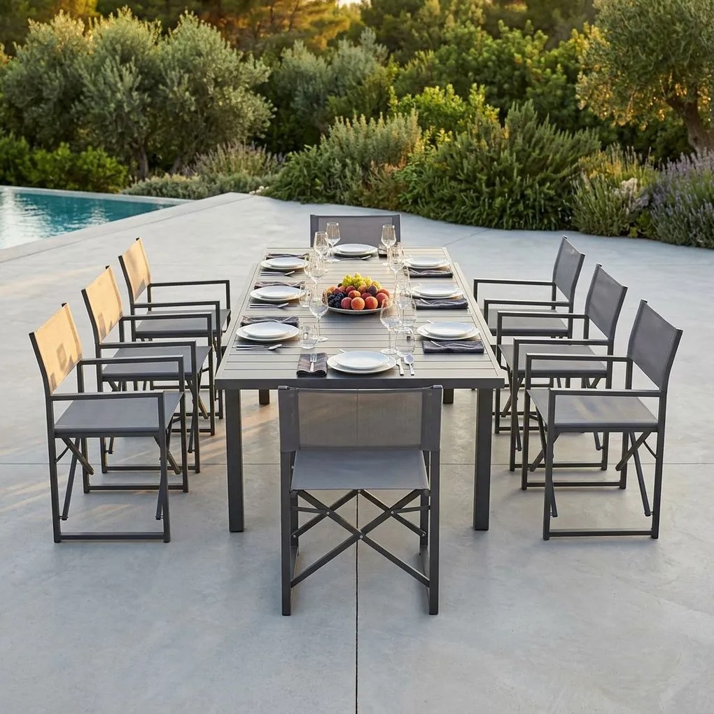 DEXTER - set tavolo in alluminio cm 200/300 x 100 x 74 h con 8 poltrone Carpenter